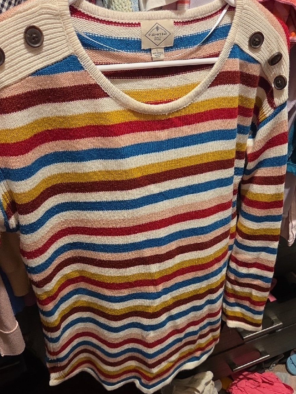 St. John's Bay Multicolor Striped Button-Shoulder Crewneck Sweater